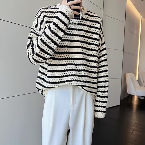 Autumn Retro Lace Contrast Striped Knit Shirt for Men - Design-Focused Korean Style, Lazy Wind High-End Base Shirt
