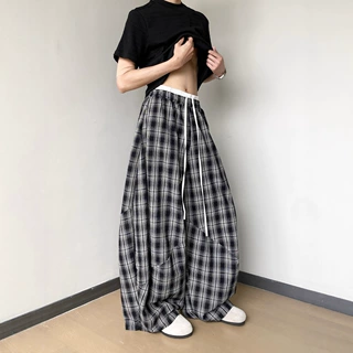 美式复古慵懒风双腰头拼接格子裤男女夏季爵士舞宽松阔腿裤休闲裤