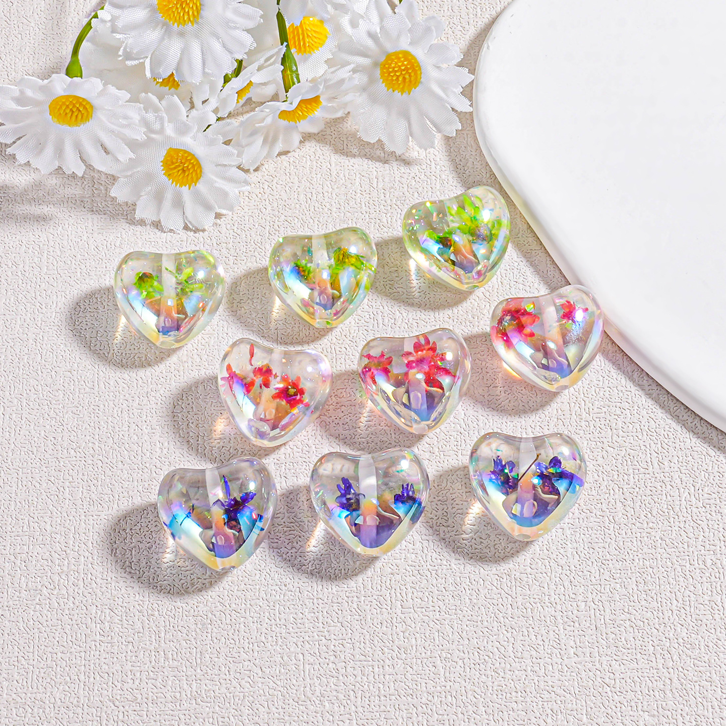 10 nuevas flores secas transparentes con cuentas de amor Opal cadena de teléfono móvil flash fino accesorios de bricolaje cuentas sueltas piezas pequeñas