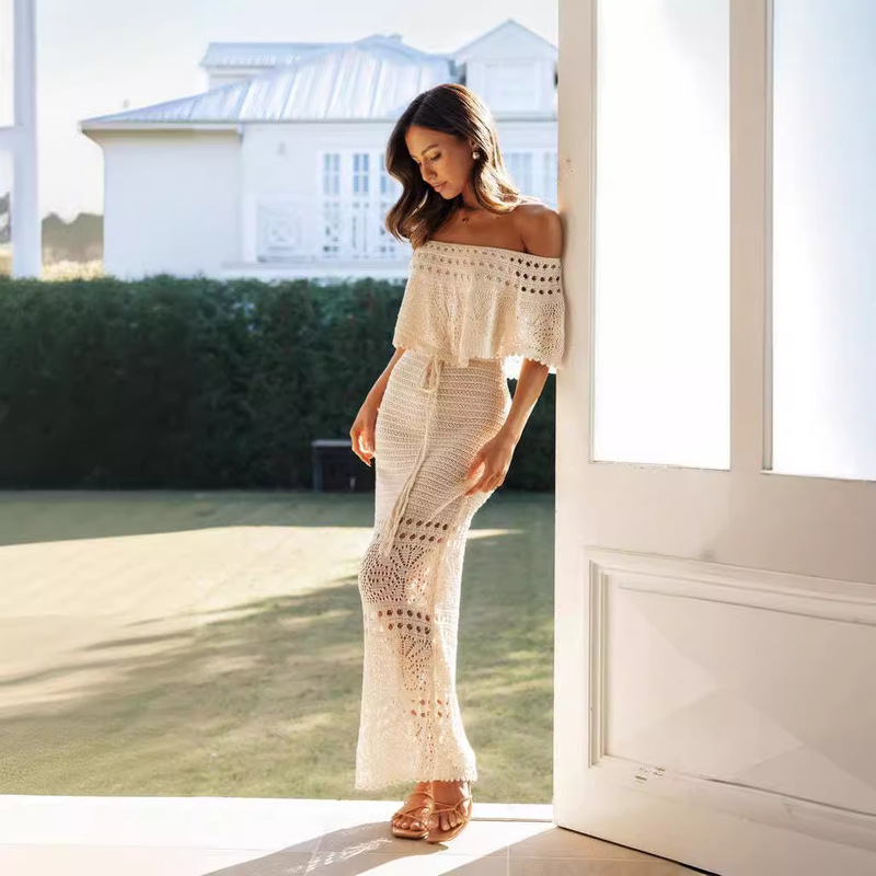 Russian Aliexpress Independent Site New Women's Clothing Fashionable Casual Cut Out Lace Shawl Dress Long Skirt