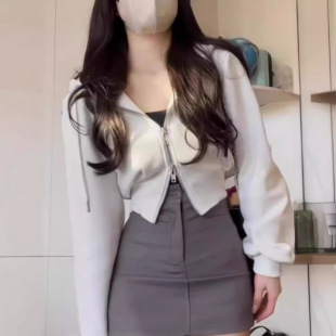 Hooded Waist Sweater Women's Short 2024 New Summer Cardigan Jacket Double Zipper High Waist Sports Jacket