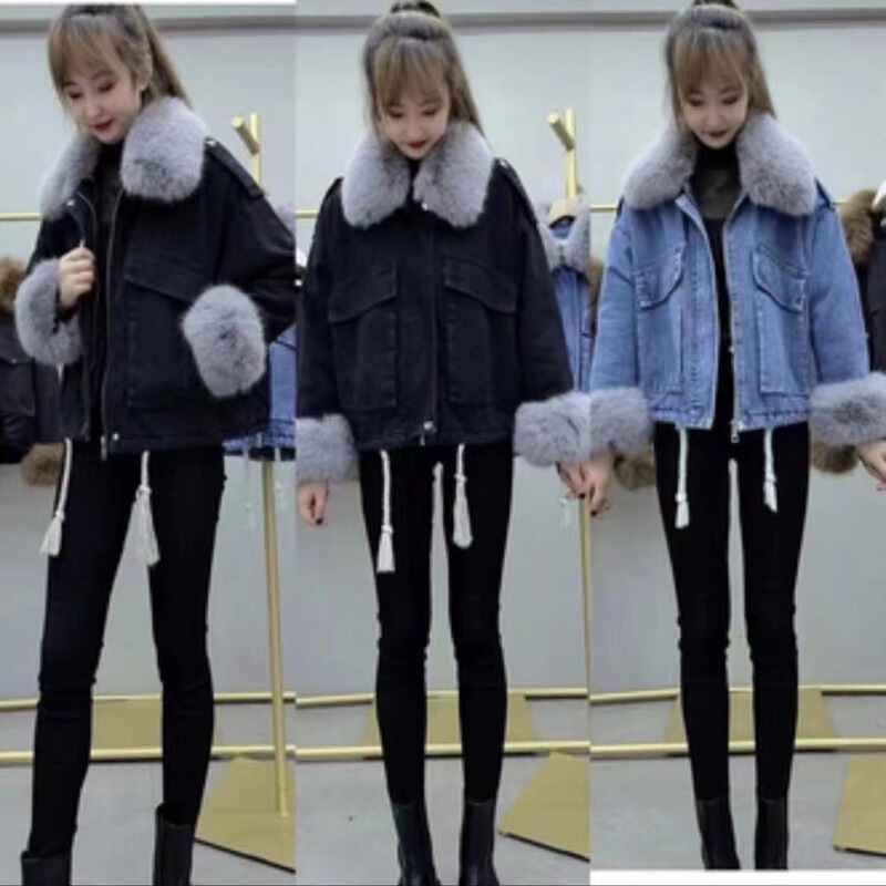 Denim Parka for Women 2026 Winter New Style Loose Fit with Large Fur Collar, Fleece-Lined and Thickened Cotton Jacket, Short Style, Trendy on Instagram