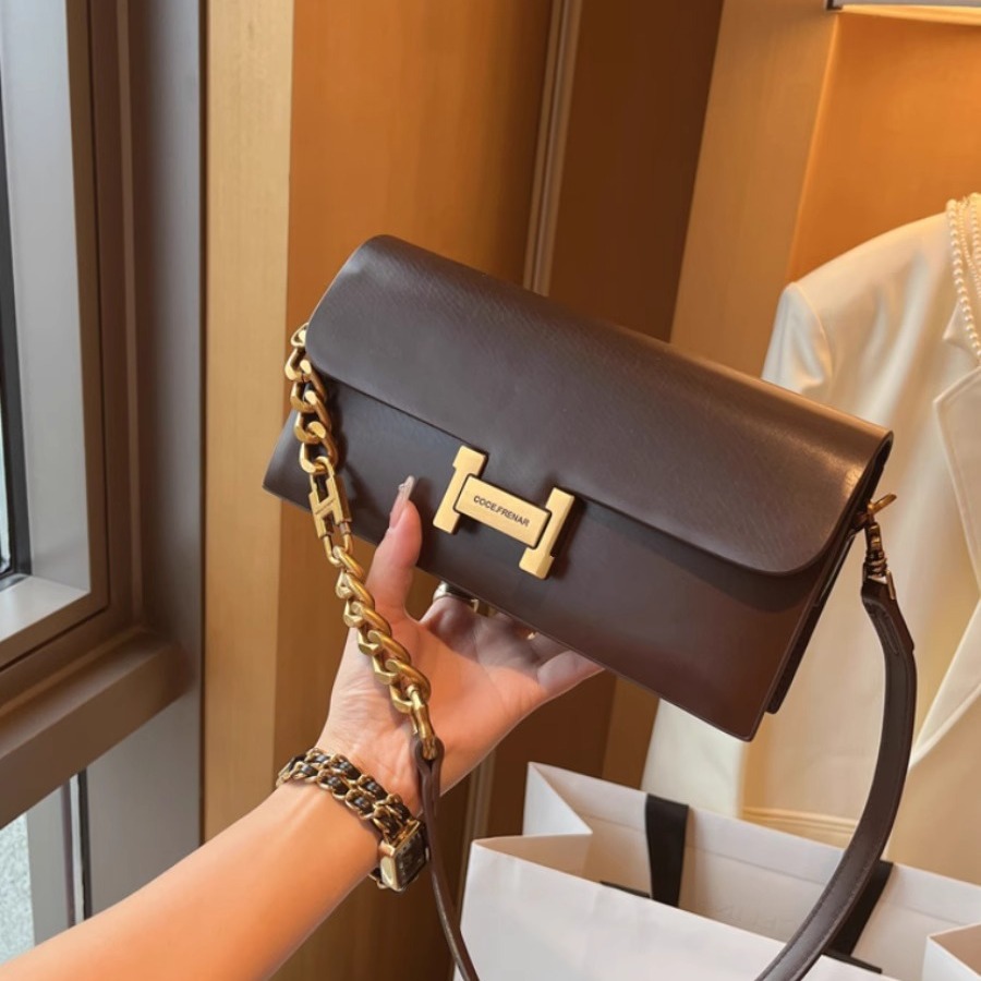 Túi đeo chéo nữ dáng baguette retro sang trọng, quai xích, phong cách thời thượng — Màu đen, Màu đỏ gốm, Màu mơ than chì, Ánh trăng trắng