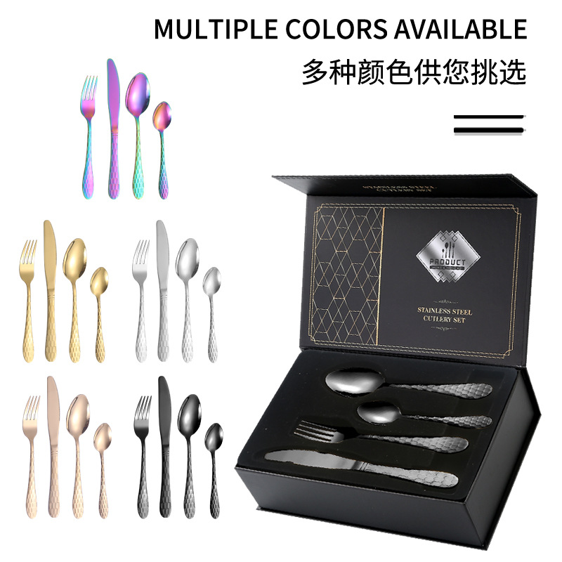 Productos de comercio electrónico transfronterizos cubiertos de acero inoxidable set de 24 piezas de cubo de agua cuatro piezas principales caja de regalo cuchillo de comida occidental set de tenedor y cuchara