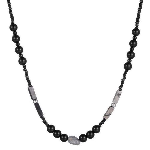 New Chinese original design natural stone splicing black beaded necklace boys trendy cool niche personality anti-fading