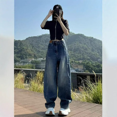 夏季弯刀牛仔裤窄版阔腿裤女外贸高腰大码微胖宽松遮肉显瘦