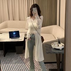 镂空早春洋气年轻宽松薄款罩衫长款外套春秋款温柔白色针织衫跨境