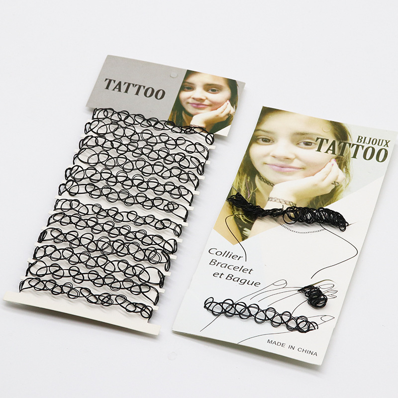 Cross-Border European and American Style Black Tattoo Fishing Line Elastic Necklace, Bracelet, and Ring Three-Piece Set for Women, Fashionable Accessories