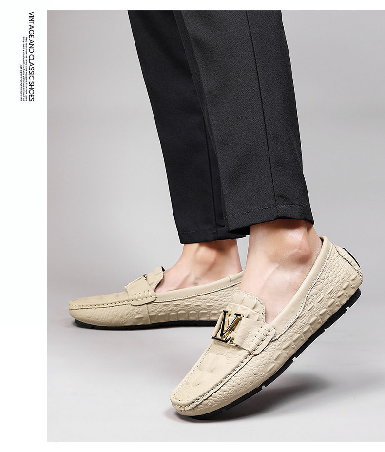 Giày lười nam da bò vân cá sấu mũi tròn, đế bằng, kiểu lái xe cỡ lớn — V6655 màu kaki quý phái, V6655 màu nâu quý ông, V6655 màu đen quý phái, Vàng địa phương V6655 chi tiết 19
