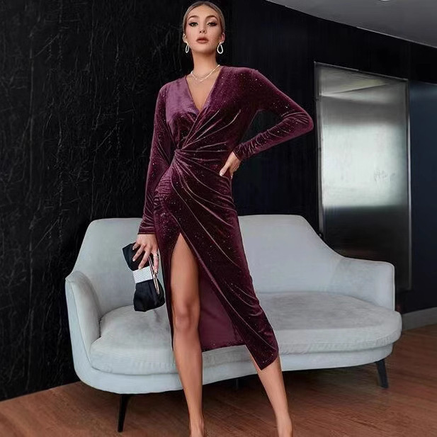 2024 New European and American Amazon Cross-Border Evening Dress Sexy Leg-Revealing Long-Sleeved Mid-Length Skirt Gold Velvet Dress for Women