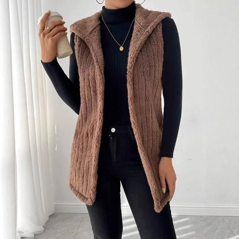 European and American Cross-Border Popular Solid Color Double-Sided Plush Buttonless Hooded Cardigan Long Women's Autumn and Winter Plush Vest Export