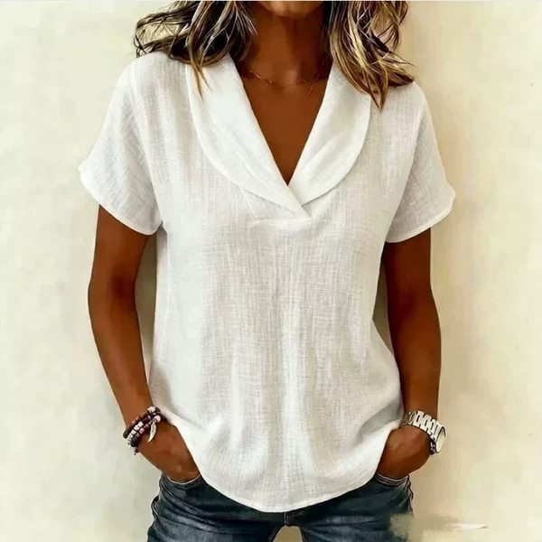 Solid Color New Cotton and Linen Shirt for Women, Loose European and American Style, Summer V-Neck 2026 Short-Sleeve Top, Casual Light Blue