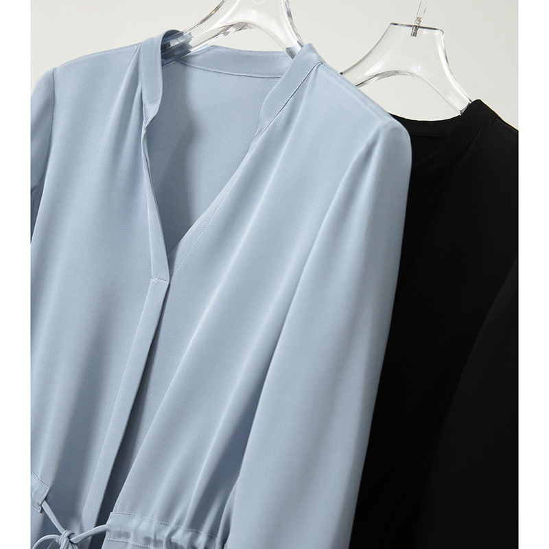 Heavy mulberry silk shirt dress silk blue skirt 2023 Summer Women's Mid-length elegant dress Heavy mulberry silk shirt dress silk blue skirt 2023 Summer Women's Mid-length elegant dress