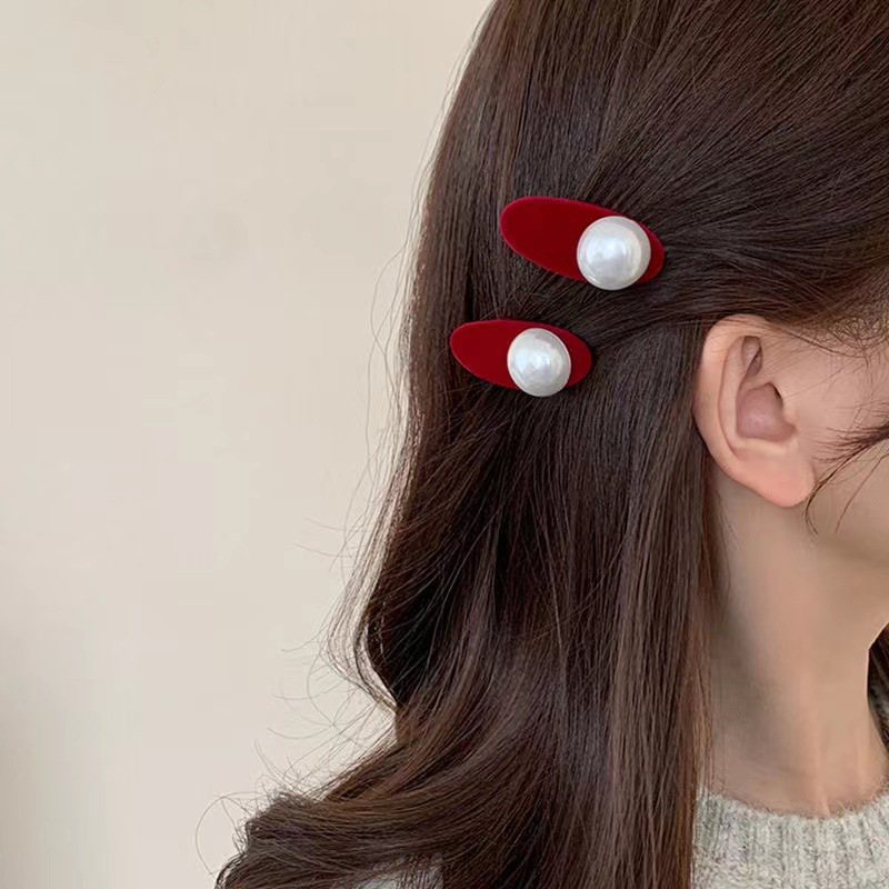 復古黑色絲絨珍珠髮夾女側邊劉海夾秋季簡約小號碎髮夾一字夾頭飾
