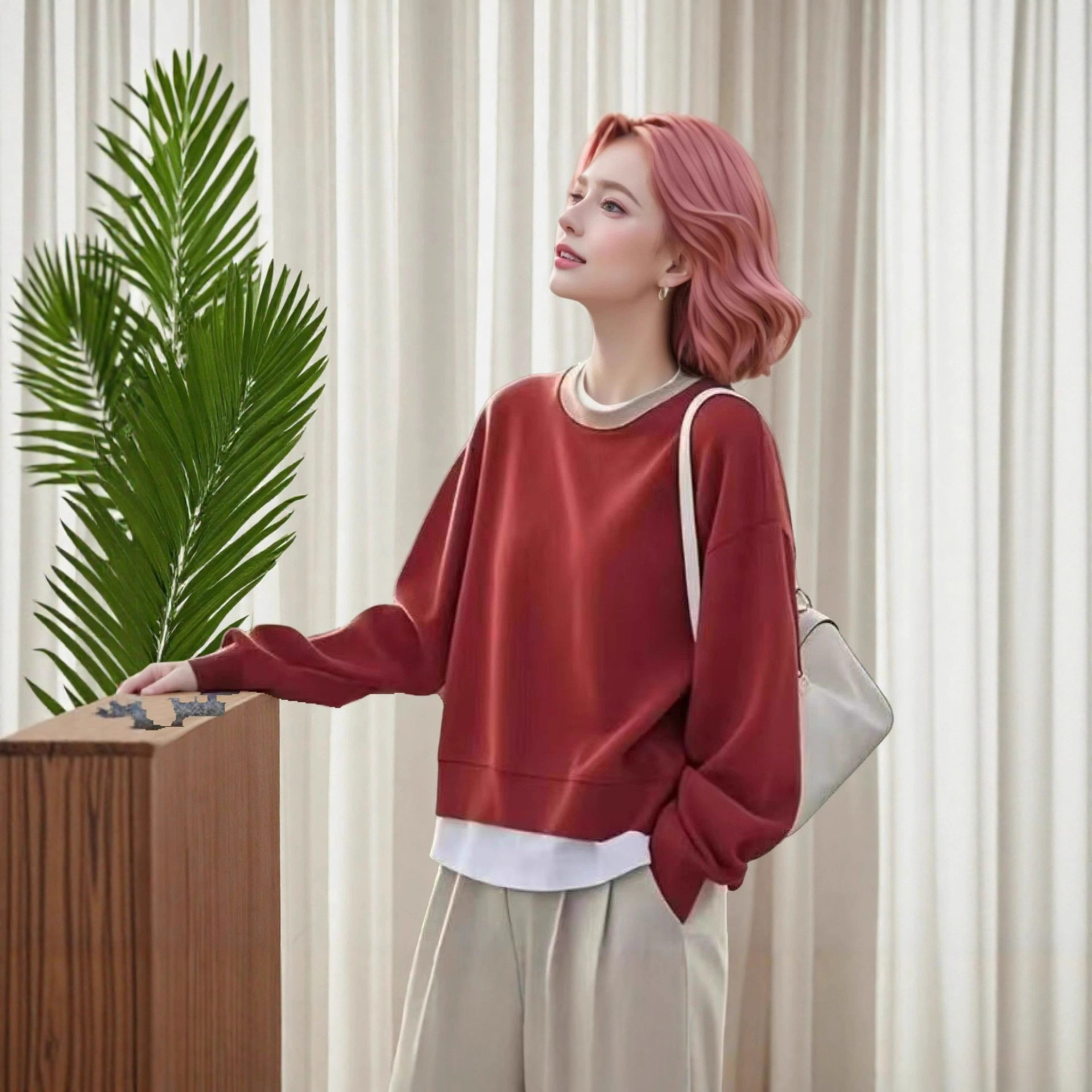 跨境外贸新款圆领卫衣女设计感小众春秋冬百搭宽松假两件套头外套