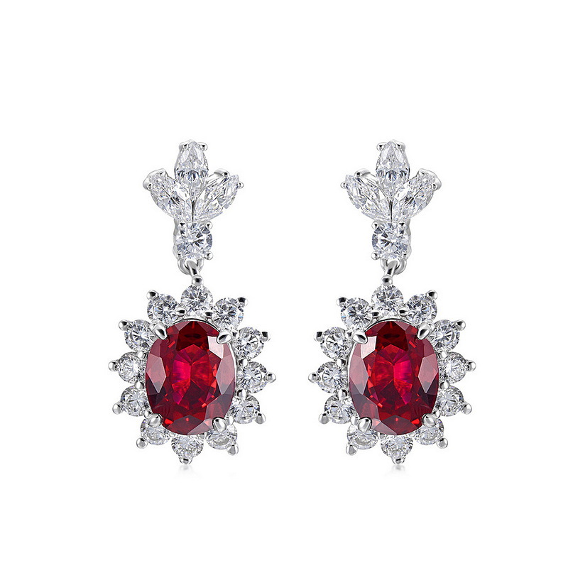 Pendientes de plata S925 con rubí cultivado color sangre de paloma para mujer, con incrustaciones de piedras preciosas de colores, estilo socialité de alta gama, exquisitos.