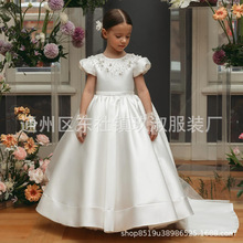 2023冬季中大童女童婚紗拖尾蓬蓬裙聚酯纖維長袖演出禮服宴會童裝