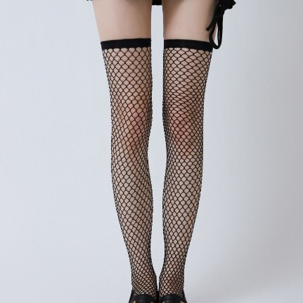 Sheer Thigh-High Fishnet Pantyhose with Mesh Lacing, Sexy and Available in Plus Sizes