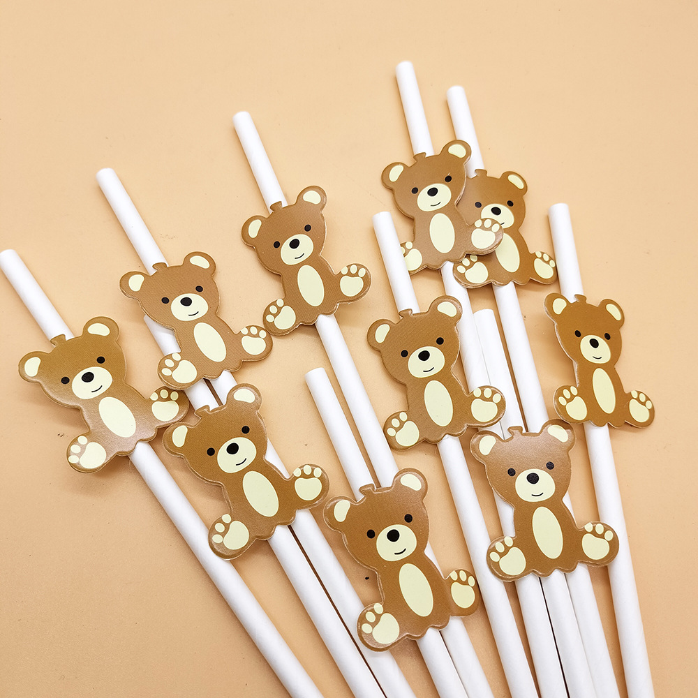 Oso Tarjeta de paja de papel decoración desechable degradable fiesta creativa paja postre leche té bebida paja