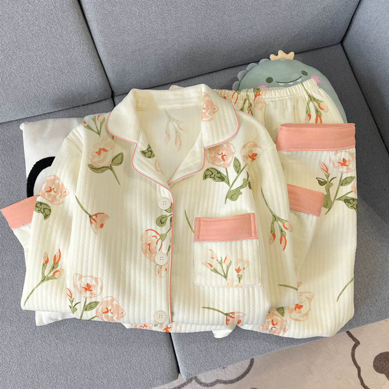Cross-Border Air Quilted Lady Style Pajamas Autumn and Winter Style Ladies Warm Clothes Long-Sleeved Suit Middle-Aged Home Clothes