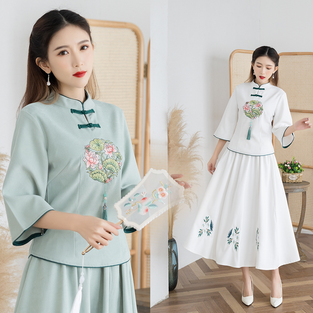 2021新款夏复古文艺绣花民族刺绣盘扣民国风改良中袖流苏旗袍上衣|ms
