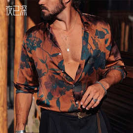 2026秋季独立站跨境男装欧美宽松印花长袖衬衫设计复古潮流上衣