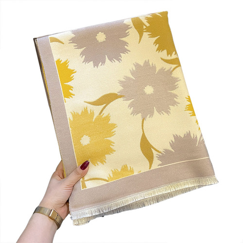High-end sunflower pattern autumn and winter new imitation cashmere scarf for women, warm and thickened, versatile long shawl and scarf
