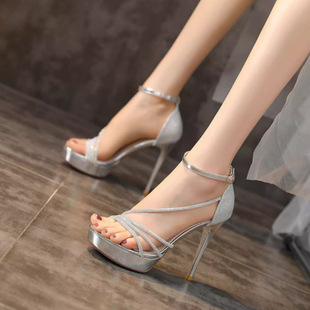 French-Style Socialite Sexy Rhinestone Soft Leather Sandals for Women, 11cm Ultra-High Stiletto Platform Slip-On Runway High Heels