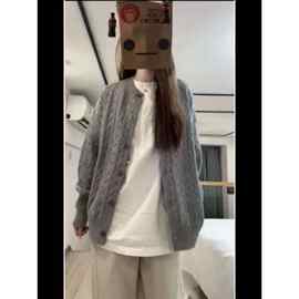 高级感！韩版灰色圆领复古麻花针织开衫女慵懒风宽松百搭毛衣外套
