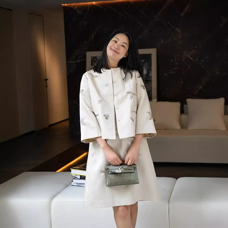 Memories of the 50S: Linen Satin Dress with Heavy Beading, Bracelet Sleeves, and a High-End Feel for Women