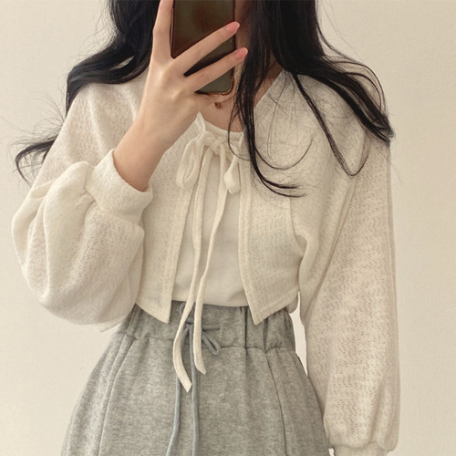2025 Spring New White Strappy Lantern Sleeve Thin Simple Loose Versatile Open Knit Short Women's Coat