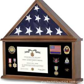木质国旗收纳盒壁挂式旗帜军旗收藏盒游戏纪念币勋章展示架奖牌架