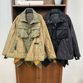 暗纹重工不规则口袋撞色立领休闲慵懒风夹克 外套