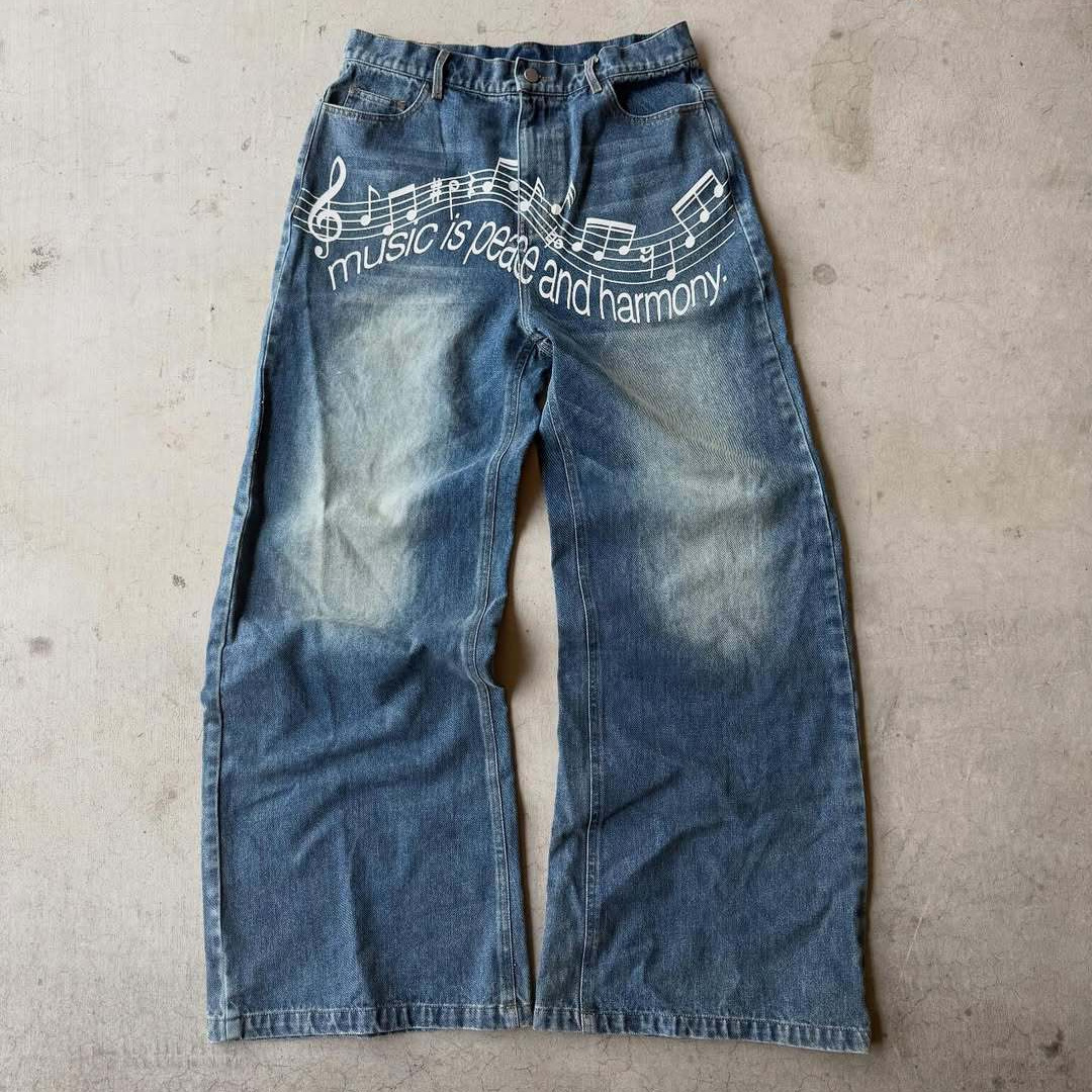 Cross-border American Retro Letter Print For Women, Washed Loose Straight-leg Jeans, Baggy Jeans_ecoleips.com