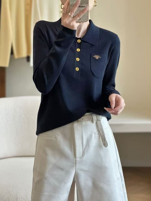 欧洲站2025早秋新款韩版polo领刺绣针织衫女宽松洋气上衣潮|undefined