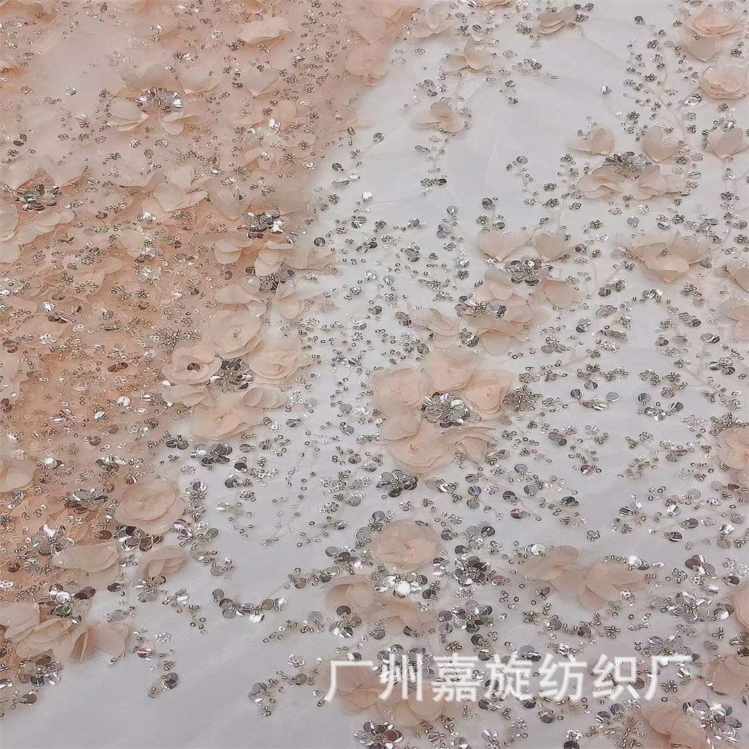 Inventario camarón rosa flor tridimensional cuentas tubo de sequilla malla de tela de flor de tela de vestido de noche de desfile image 3
