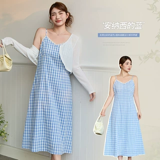 韩系蕾丝拼接V领显瘦格纹吊带裙夏季胖mm大码收腰修身连衣裙63826