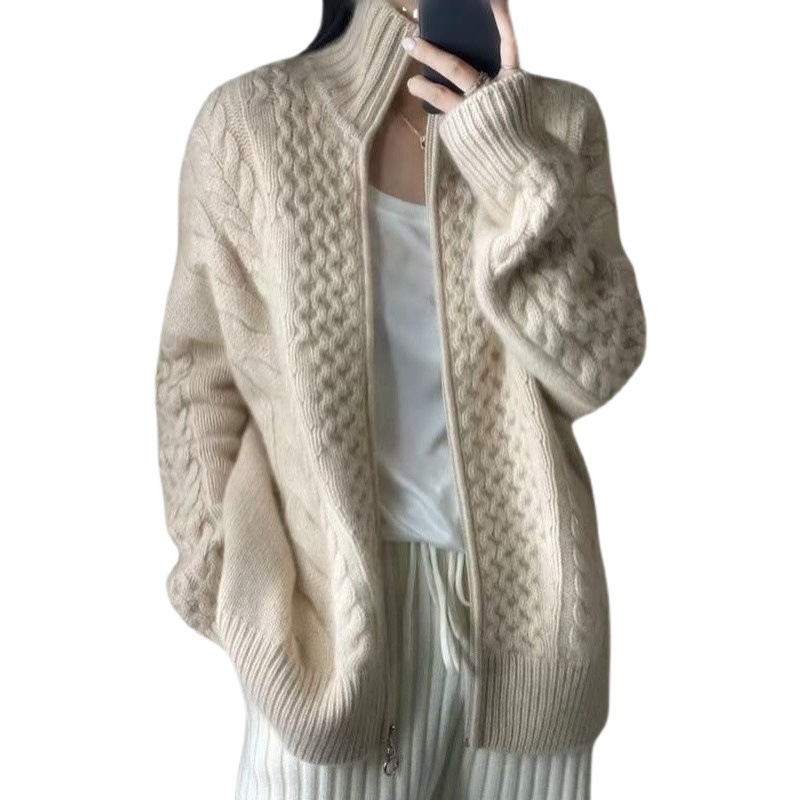 Pesado Otoño e Invierno Nueva cachemir cardigan de las mujeres 100 pura Cachemira cremallera solapa suéter punto flojo abrigo lana