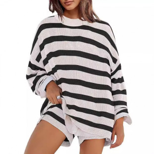 2024 autumn and winter new striped fashion casual Europe and the United States cross-border long sleeve loose striped explosions suit women