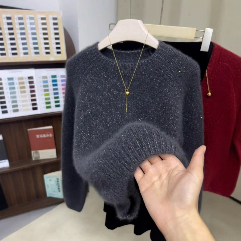 Large Lazy Style Gray Sequined Sweater Autumn and Winter New High-End Round Neck Loose Bottoming Shirt