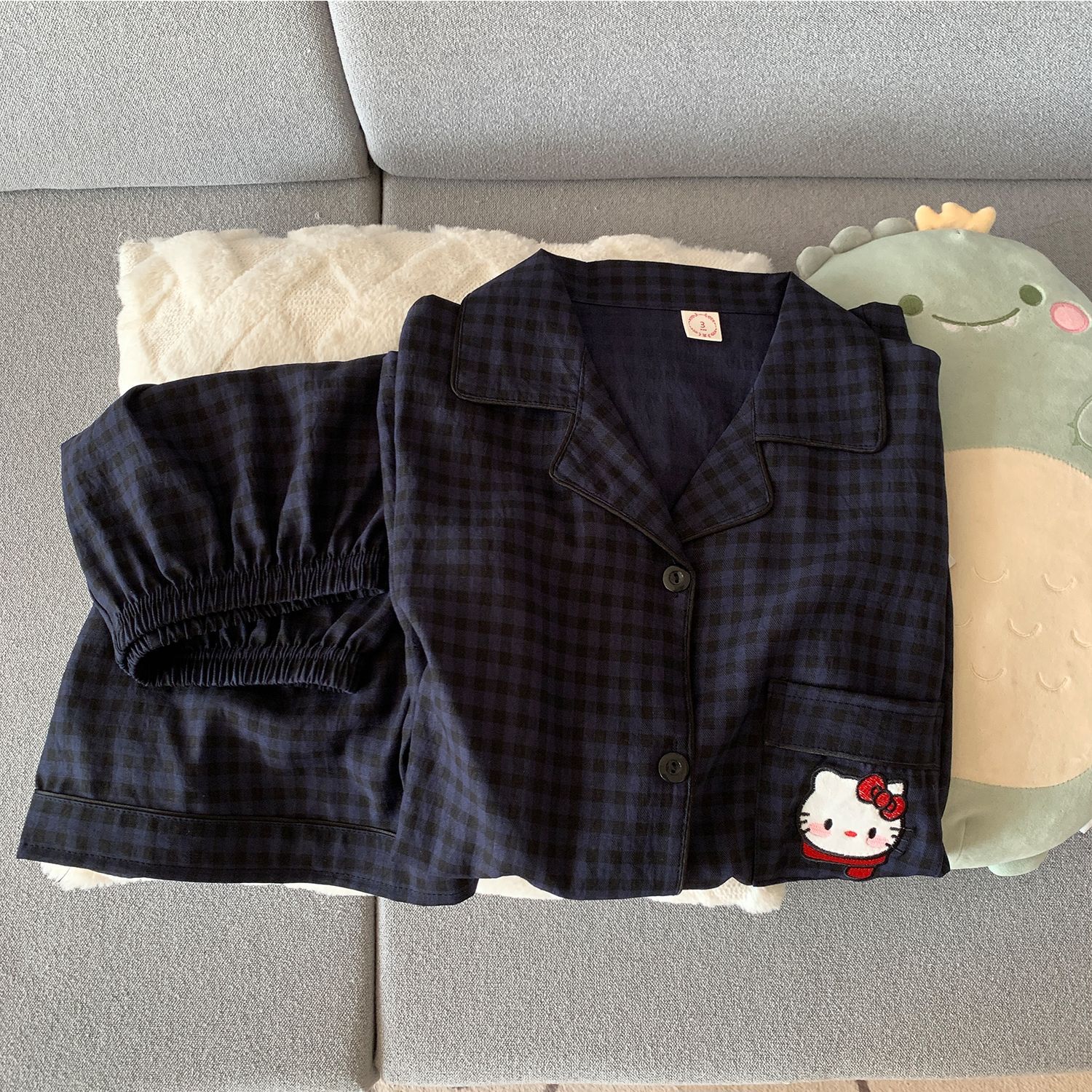 Pijama coreano de primavera y otoño lindo KT gatos cuadrícula pantalones cortos de manga corta cardigan set nubes algodón ropa de hogar se puede usar fuera
