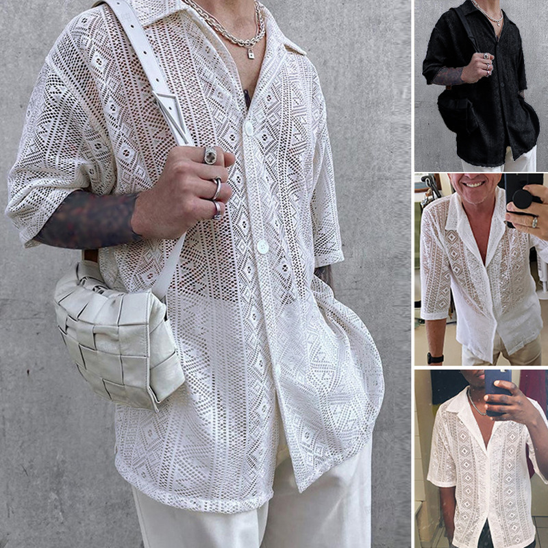 Men's Shirts Foreign Trade Large Size Fashionable Personality See-Through Lace Shirts Summer Men's Outdoor Cool Breathable Tops Men's Shirts Foreign Trade Large Size Fashionable Personality See-Through Lace Shirts Summer Men's Outdoor Cool Breathable Tops