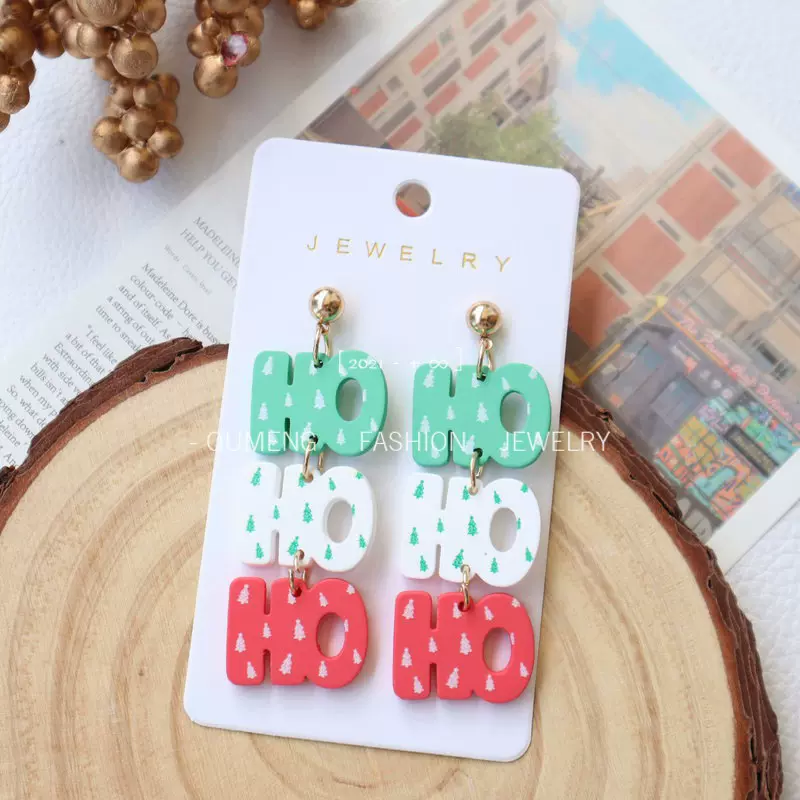 圣诞节亚克力仿软陶烤漆耳环HO个性字母圣诞树印花耳饰节日耳坠女