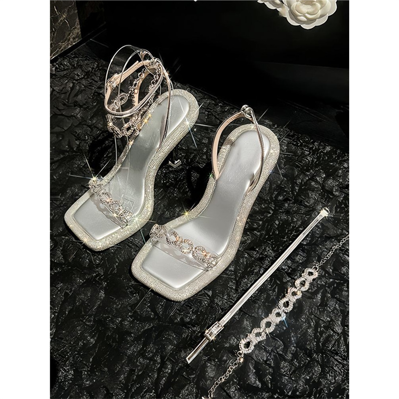 2026 Autumn New French-Style Rhinestone Starry Sky Stiletto High Heels, Stunning and Elegant Open-Toe Square-Toe Sandals with a Single Strap