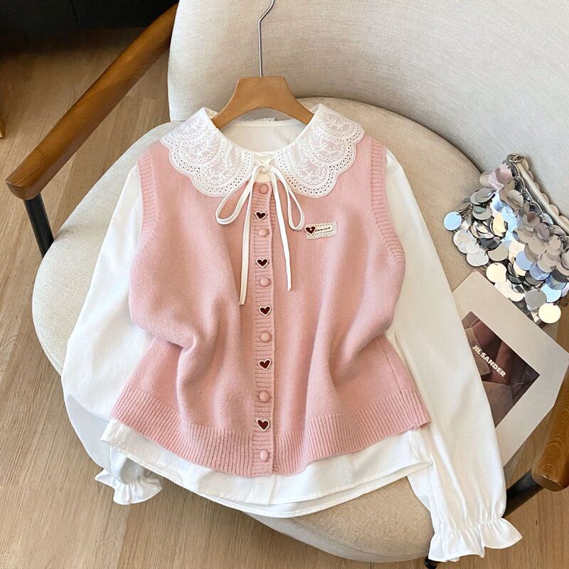 Honghe Knitting Factory Sweet College Style Knitted Vest for Women, Round Neck, Heart-Shaped Button, Heart-Shaped Label, Short Sweater Vest Honghe Knitting Factory Sweet College Style Knitted Vest for Women, Round Neck, Heart-Shaped Button, Heart-Shaped Label, Short Sweater Vest
