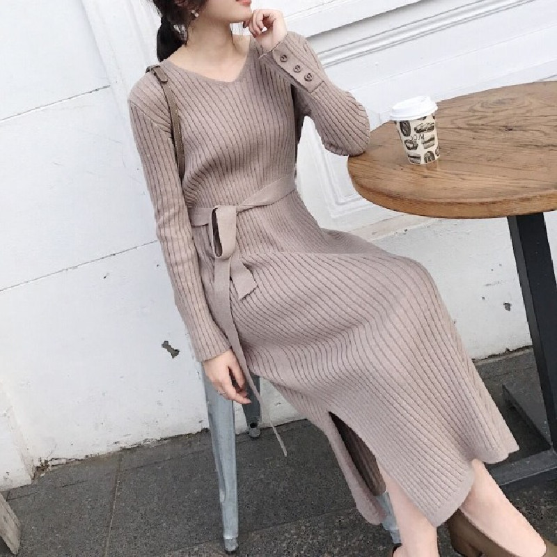 欧洲站2022春秋季新款中长款针织连衣裙女长袖收腰显瘦打底毛衣裙