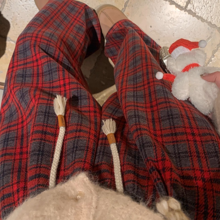 格调玩家 圣诞复古直筒格子裤女2023冬季新款垂感毛呢阔腿裤