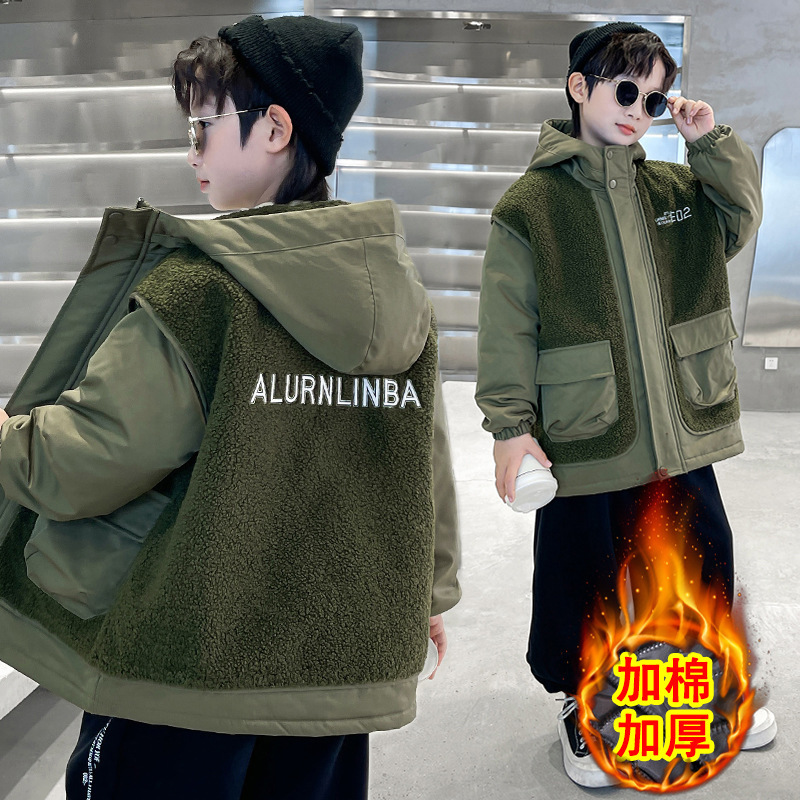 Boys' Thickened Jacket Autumn and Winter 2026 New Style Children's Lamb Wool Sweater for Older Kids, Quilted Cotton, Trendy and Cool for Boys