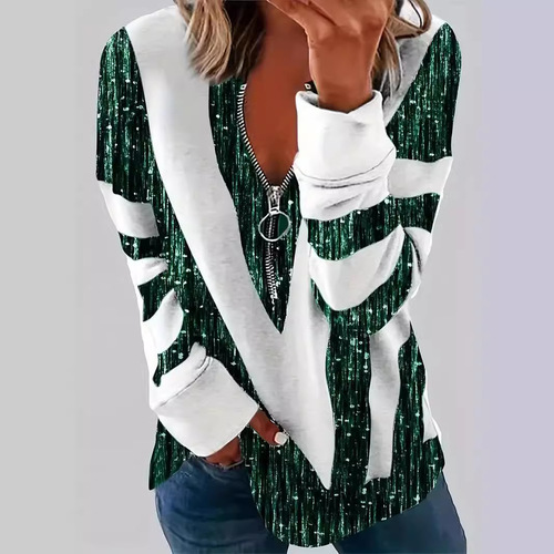 New casual comfortable stylish half-zip polo neck women's top with 3D striped print WF5