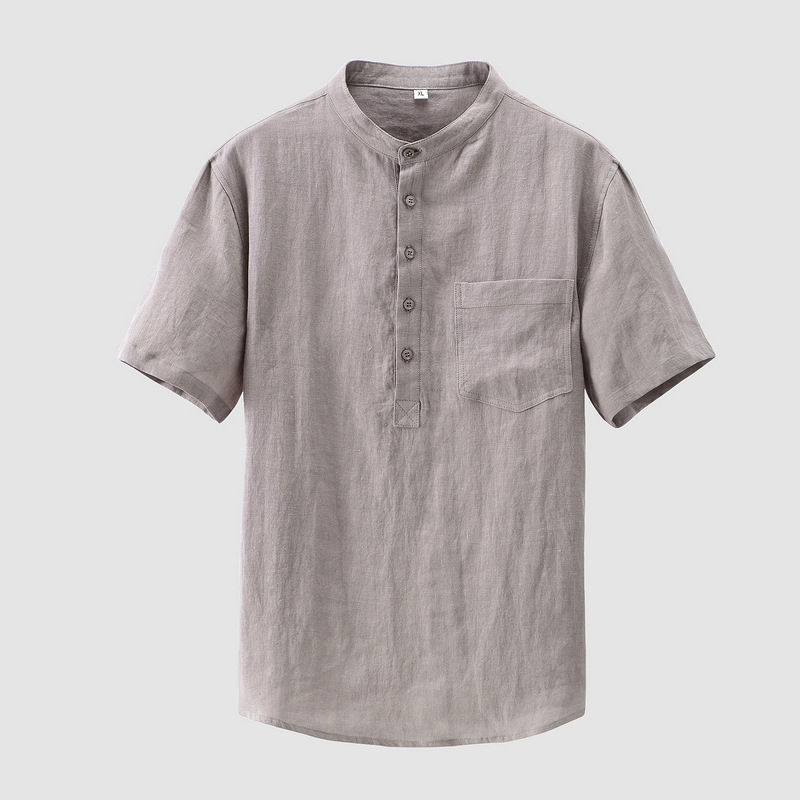 100 Spring and Autumn Linen Men's Large Size Stand Collar Loose Casual Spot Thin Solid Color Linen Brown Shirt